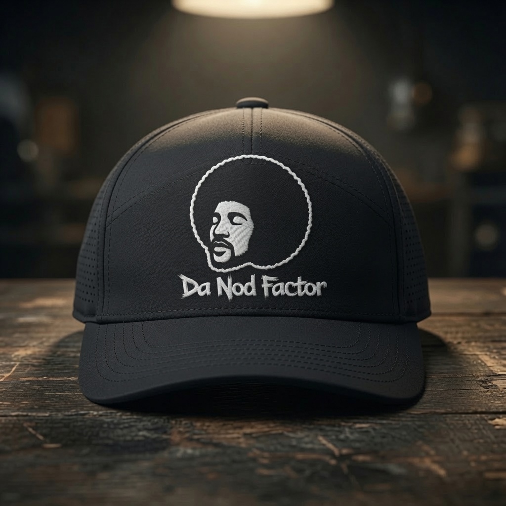 Nod Factor black cap with Da Nod Factor afro logo