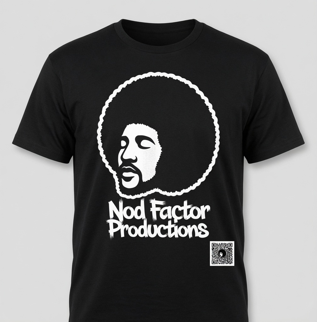 Nod Factor Productions black t-shirt with afro logo